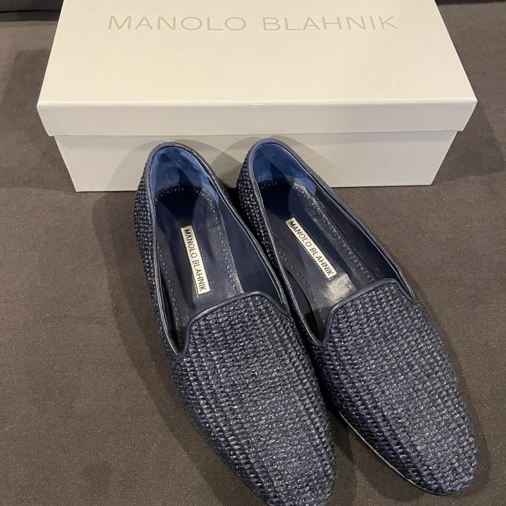 Manolo Blahnik Navy Woven Loafers